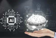 AI-powered brain hovering above a hand, symbolizing intelligence enhancement.