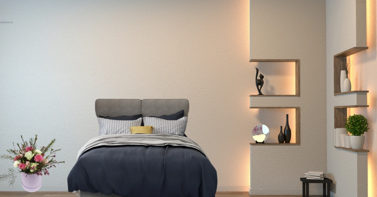 Modern bedroom with a cozy bed, stylish wall shelves, and warm lighting for a relaxing sleep environment.