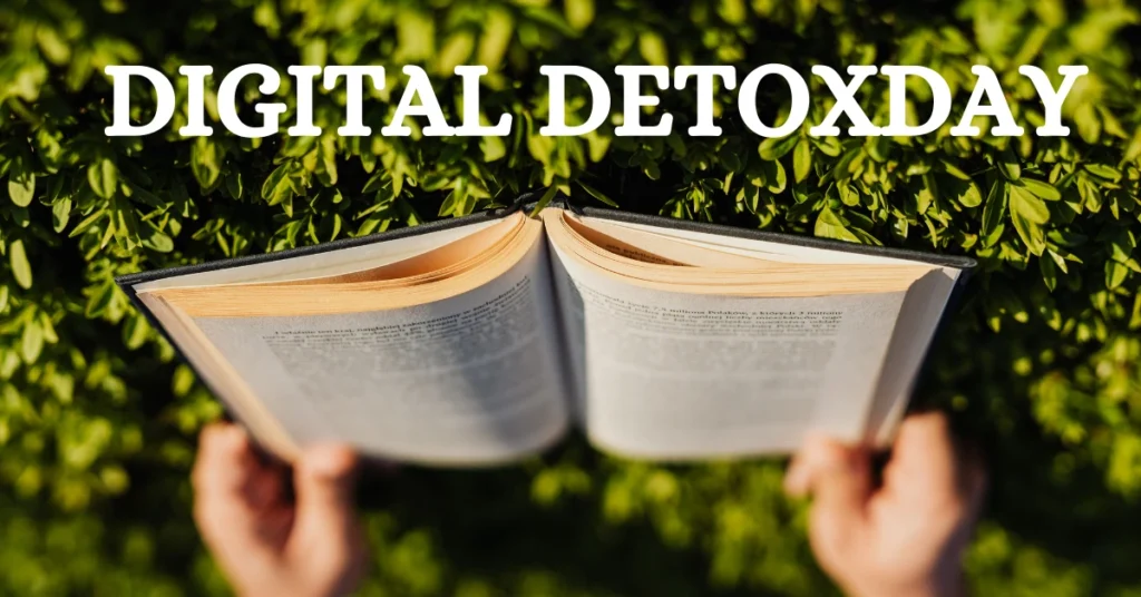 Open book held by hands with green leaves in the background and "DIGITAL DETOXDAY" text overlay.