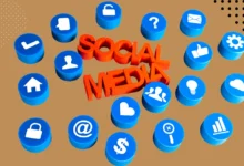 3D illustration of social media icons in blue with a bold red 'SOCIAL MEDIA' text in the center on a brown background.