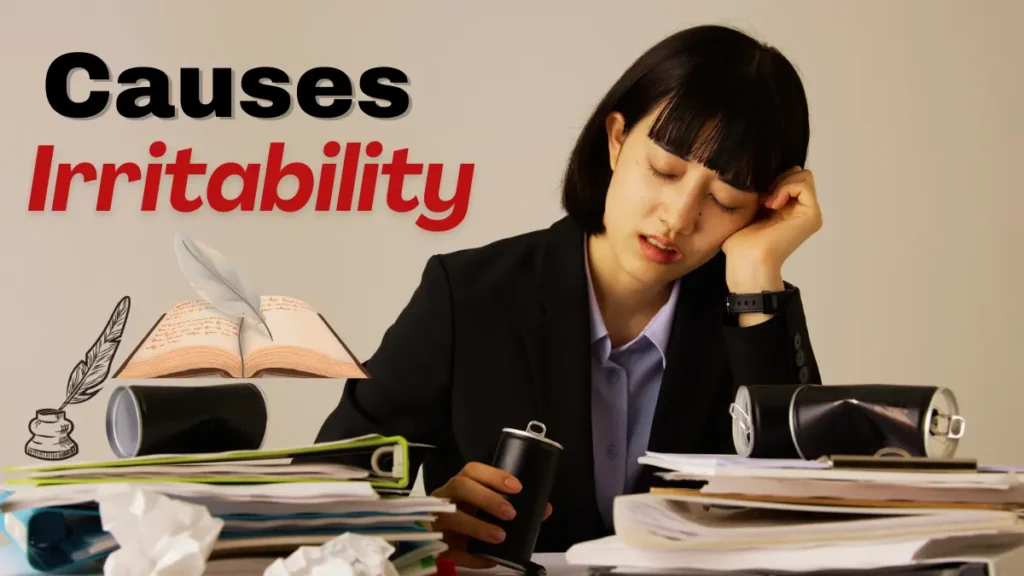 Stressed woman surrounded by paperwork showing causes of irritability