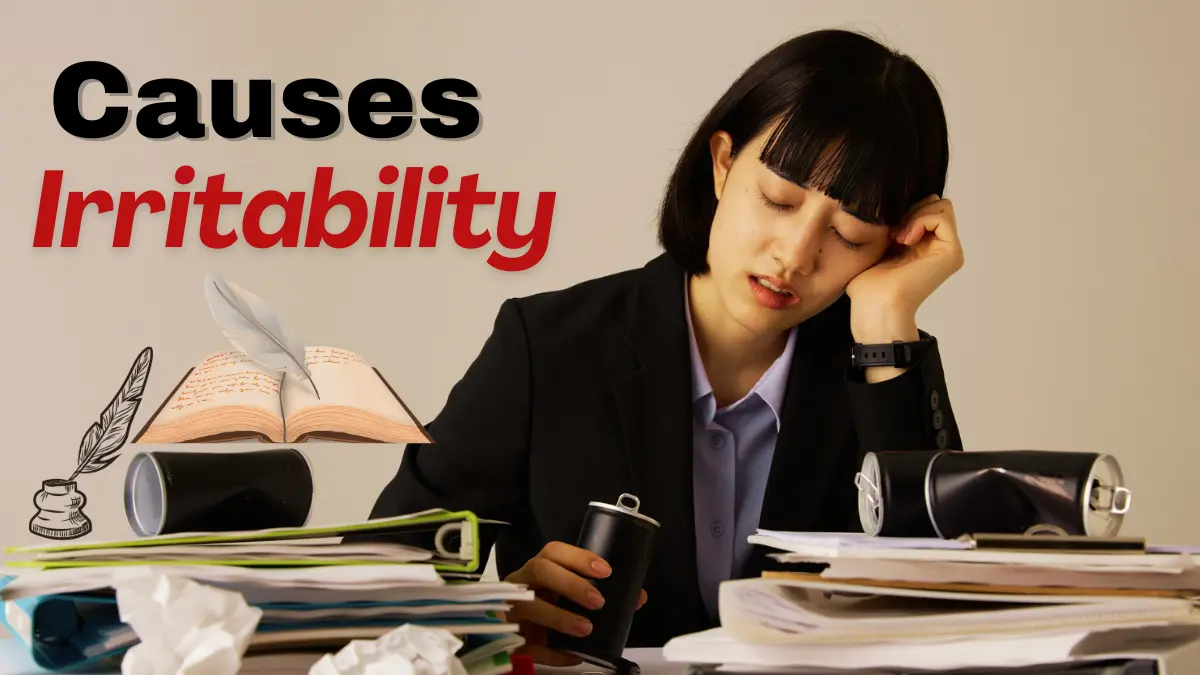Stressed woman surrounded by paperwork showing causes of irritability