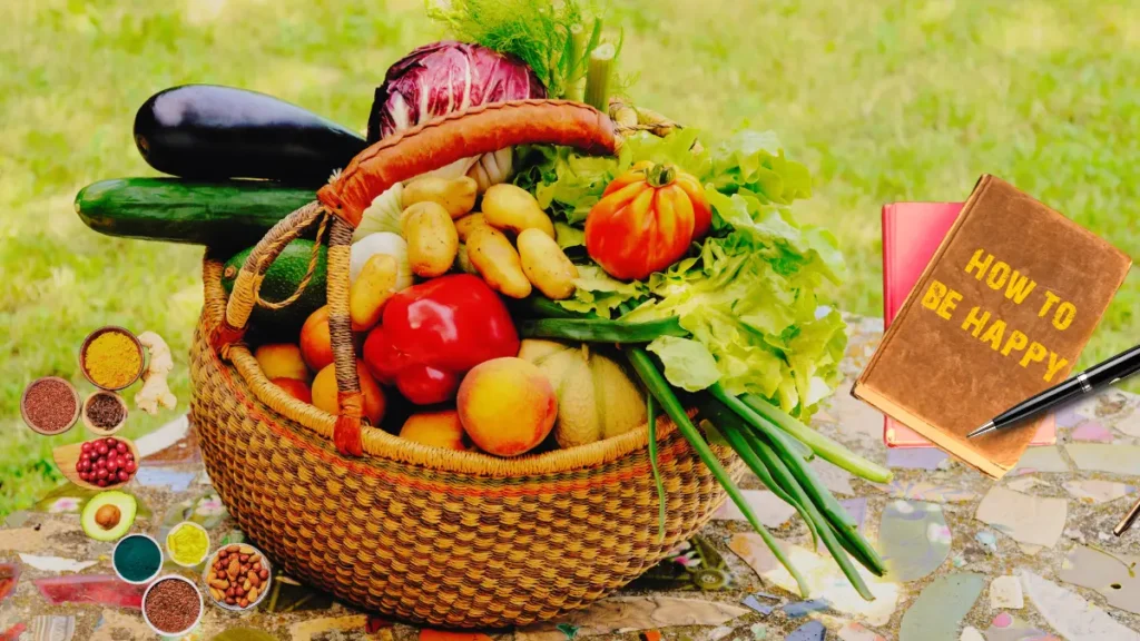 Basket of fresh vegetables and fruits promoting healthy eating for better mood and mental wellness.