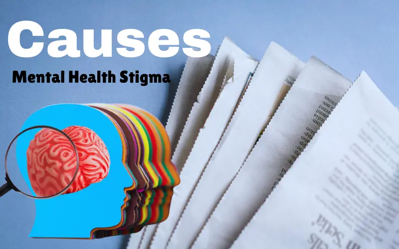 Causes of mental health stigma with brain and newspaper imagery.