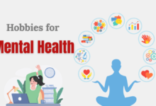 Illustration of a person meditating with hobby icons like books, science, love, and communication, promoting tech-free hobbies for mental health.