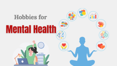 Illustration of a person meditating with hobby icons like books, science, love, and communication, promoting tech-free hobbies for mental health.