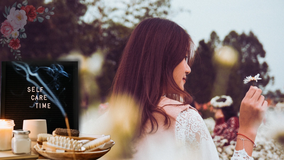 Woman practicing self-care in nature, holding flower, surrounded by calm and peaceful elements