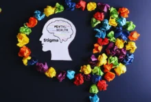 Mental health stigma concept with colorful paper and head silhouette.