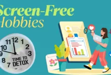 Screen-free hobbies illustration with detox clock and digital detox concept