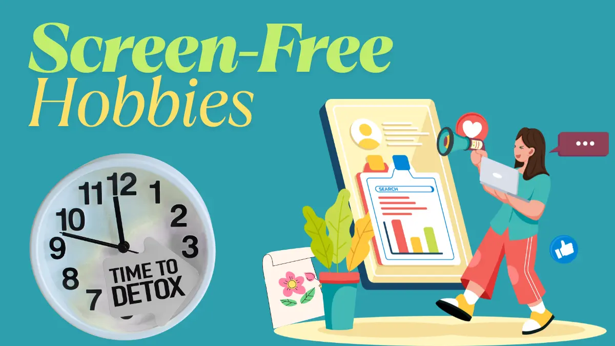 Screen-free hobbies illustration with detox clock and digital detox concept