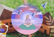 Woman meditating peacefully with flying doves and books, symbolizing mental clarity, learning, and healthy boundaries.