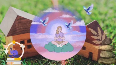 Woman meditating peacefully with flying doves and books, symbolizing mental clarity, learning, and healthy boundaries.