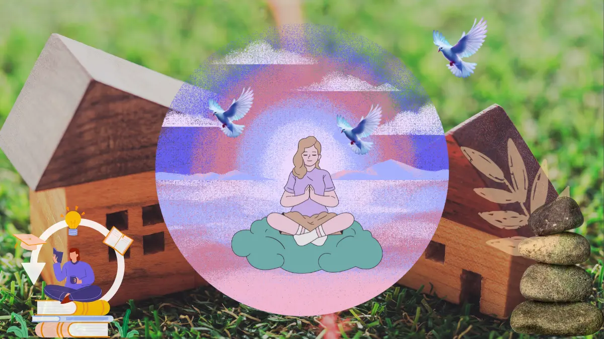 Woman meditating peacefully with flying doves and books, symbolizing mental clarity, learning, and healthy boundaries.