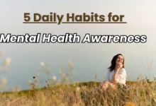 Woman smiling near ocean with text “5 Daily Habits for Mental Health Awareness.