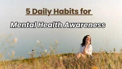Woman smiling near ocean with text “5 Daily Habits for Mental Health Awareness.