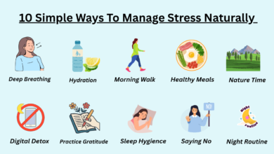 Infographic of 10 simple daily habits to manage stress naturally including deep breathing, hydration, morning walk, and sleep routine.