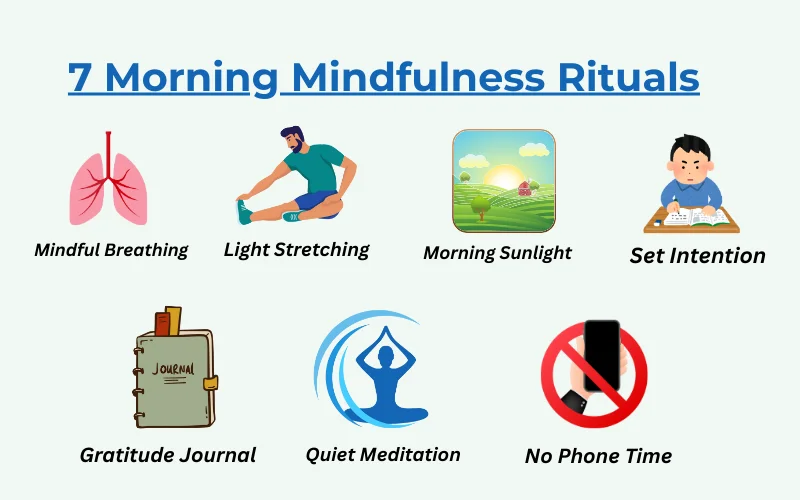 Infographic of 7 morning mindfulness rituals with icons for breathing, stretching, sunlight, intention setting, journaling, meditation, and no phone time