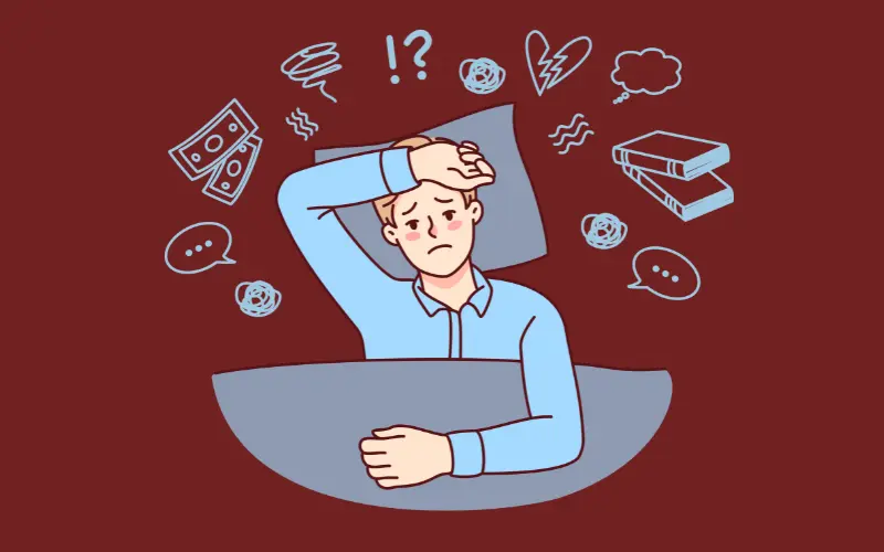 Cartoon of a person in bed with anxious thoughts, showing signs of overthinking at night.