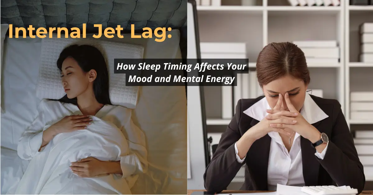 Split image showing effects of internal jet lag on sleep and mood