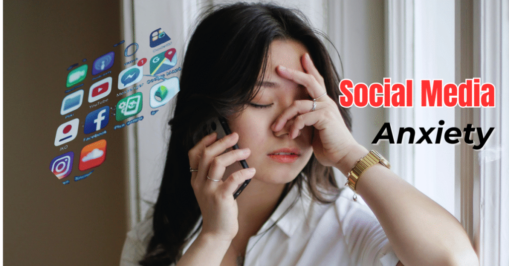 Young woman stressed by constant app notifications, symbolizing social media anxiety and mental overwhelm.