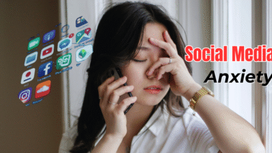 Young woman stressed by constant app notifications, symbolizing social media anxiety and mental overwhelm.