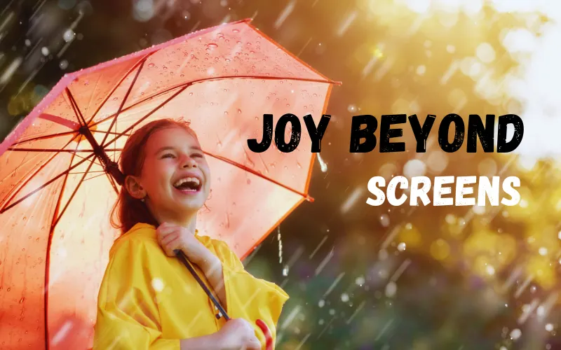 Smiling child in the rain under an umbrella, enjoying a screen-free moment during a digital detox for kids
