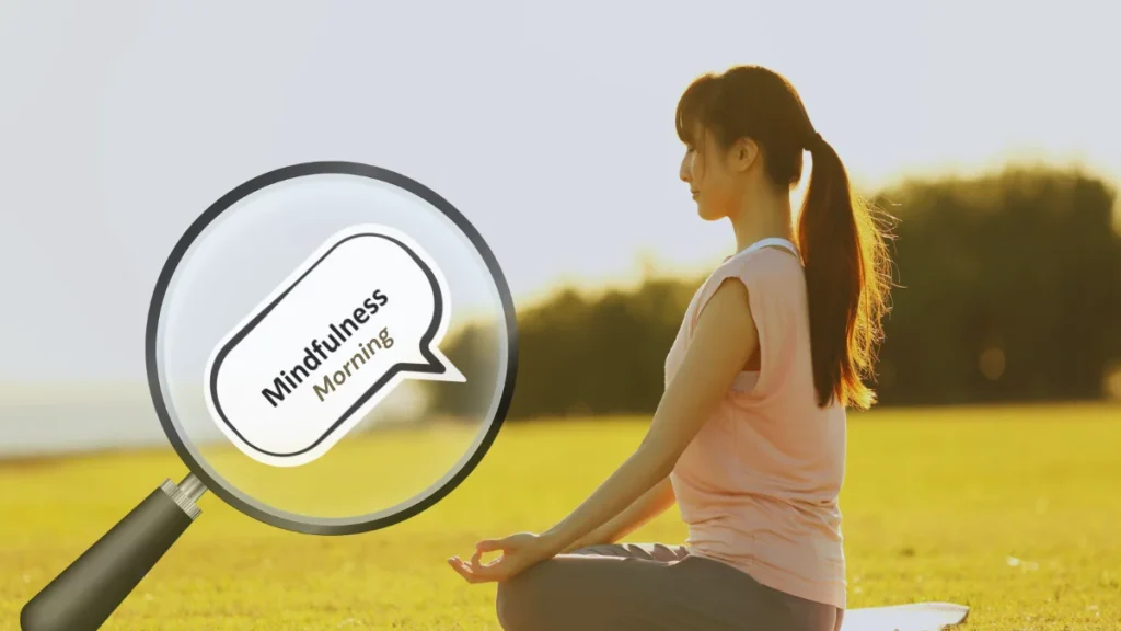 Woman practicing morning mindfulness rituals at sunrise in a calm outdoor setting
