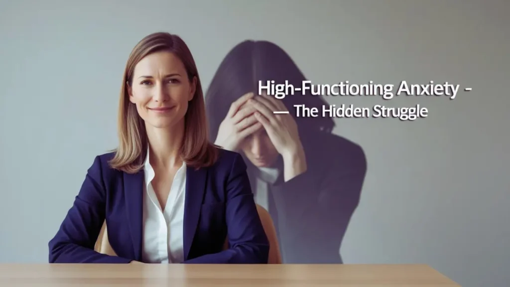 A woman hiding high-functioning anxiety behind a calm, professional look.